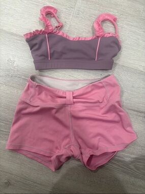 Ruffled Two-Piece Pink & Mauve Dance Crop Top and Shorts Set